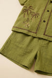 Boys Olive Green Tropical Embroidered Shorts Set with Collared Shirt