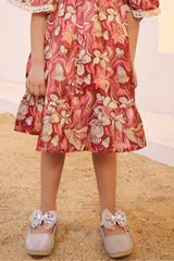 Orange Floral Printed Casual Frock With Bell Sleeves For Girls