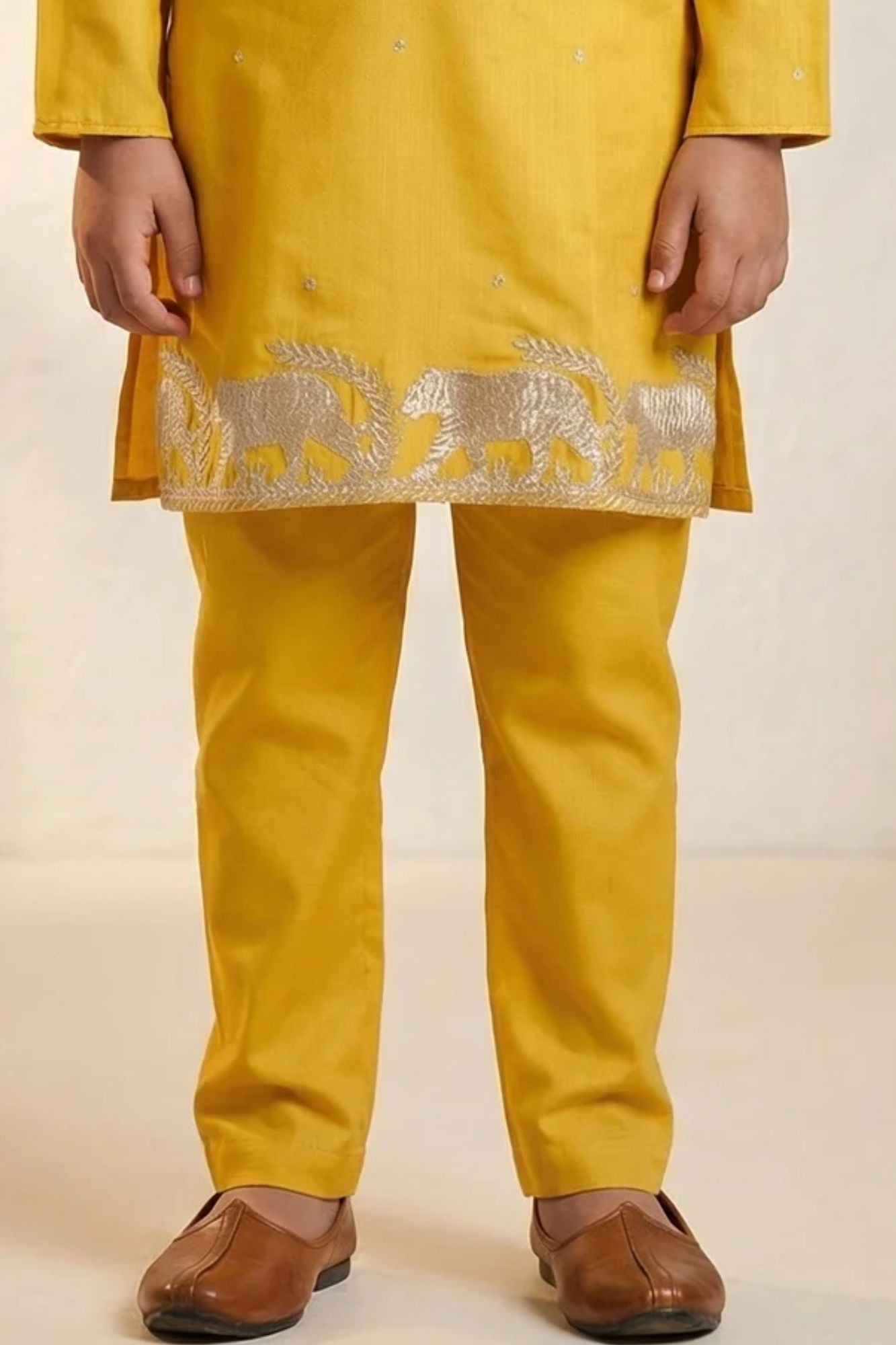 Boys Yellow Kurta Pajama Set With Golden Zari Embroidery And Shawl