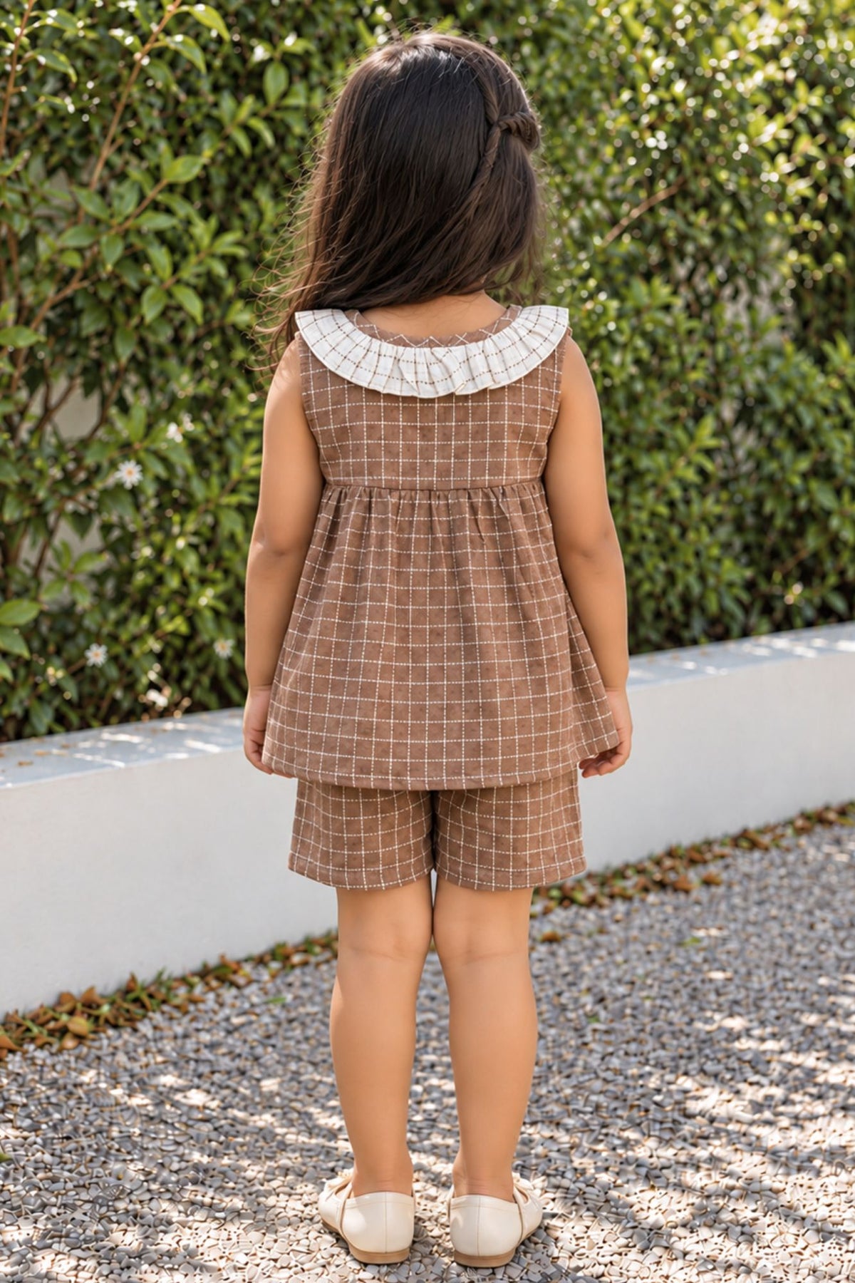 Adorable Girls Brown Checked Top & Shorts Set with Ruffle Collar