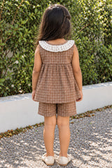Adorable Girls Brown Checked Top & Shorts Set with Ruffle Collar