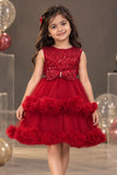 Maroon Sequin Work And Bow Embellished Party Frock For Girls