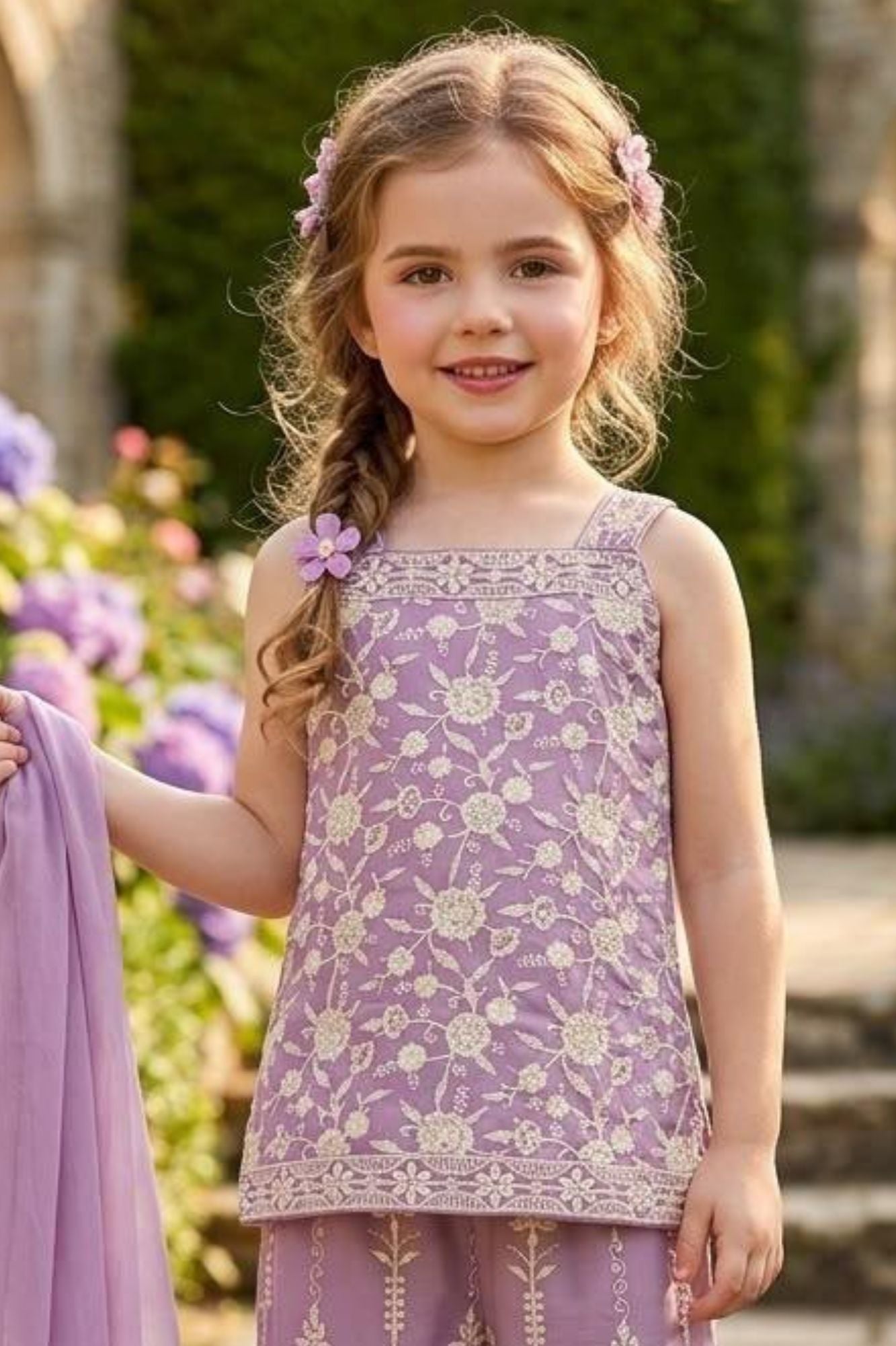 Girls Lavender Floral Embroidered Palazzo Set With Dupatta