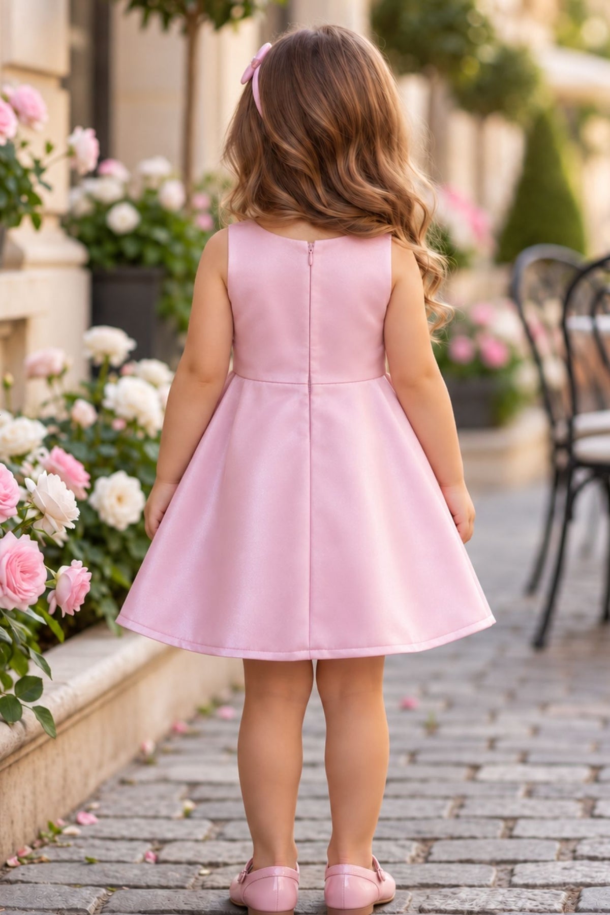 Girls Pastel Pink Bow And Floral Applique Party Wear Frock