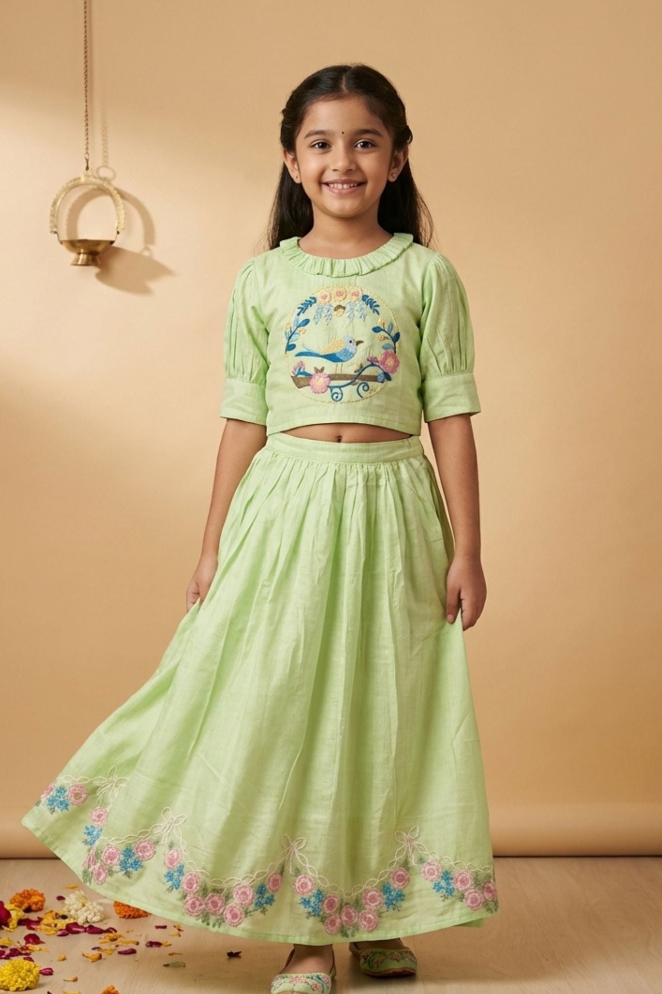 Pastel Green Bird Embroidered Lehenga Choli Set For Girls