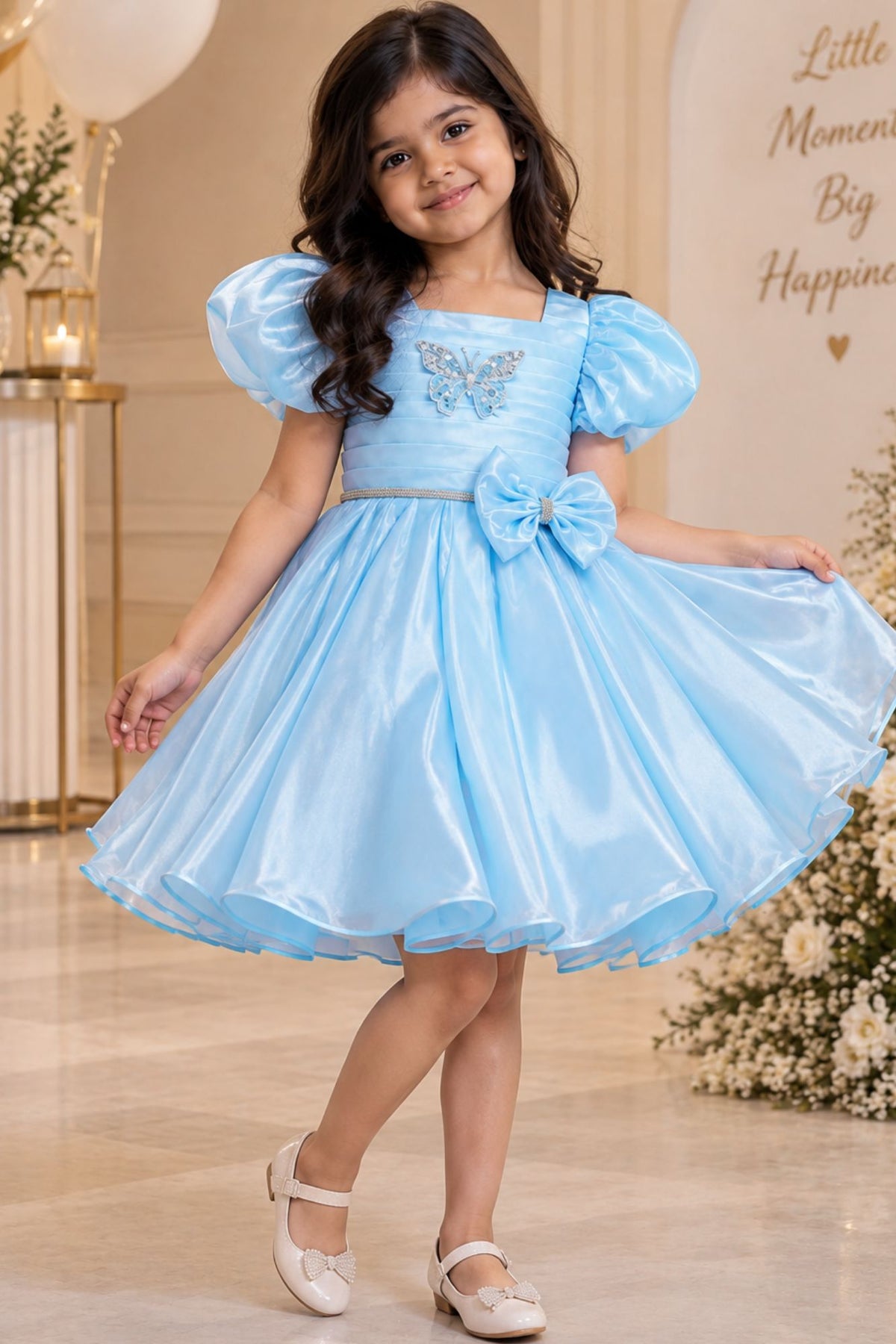 Sky Blue Puff-Sleeve Party Frock With Butterfly Embellishment For Girls
