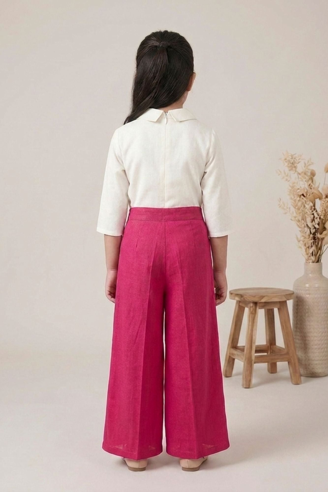 Girls White Floral Embroidered Top with Pink Pleated Palazzo Pants Set