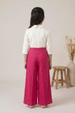 Girls White Floral Embroidered Top with Pink Pleated Palazzo Pants Set