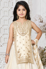 Girls Elegant Cream & Gold Embroidered Lehenga Choli Set