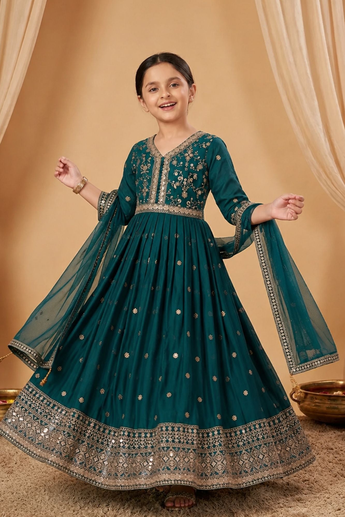 Bottle Green Sequins Work And Zari Embroidered Ethnic Gown For Girls