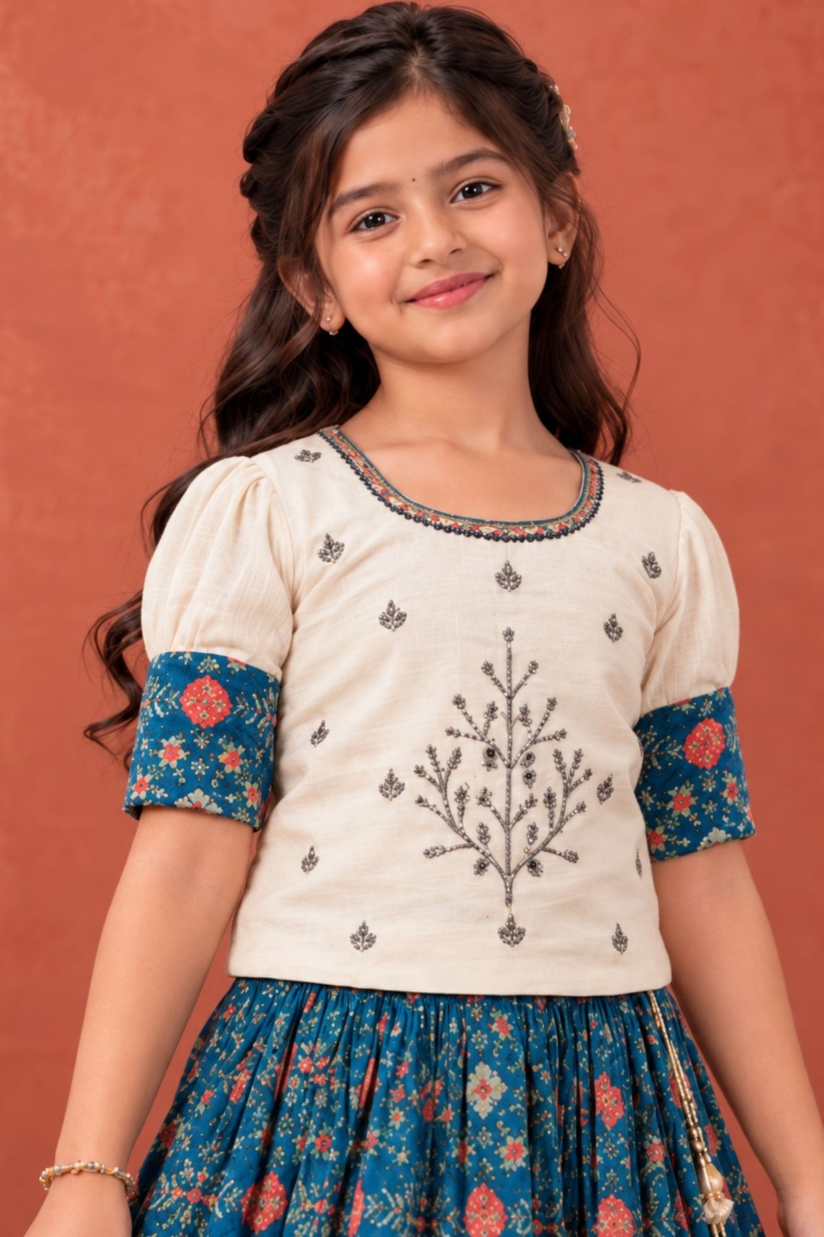 Ivory And Teal Blue Silk  Pattu Pavadai For Girls