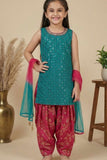 Green & Red Sequins Embroidered Patiala Set with Dupatta For Girls
