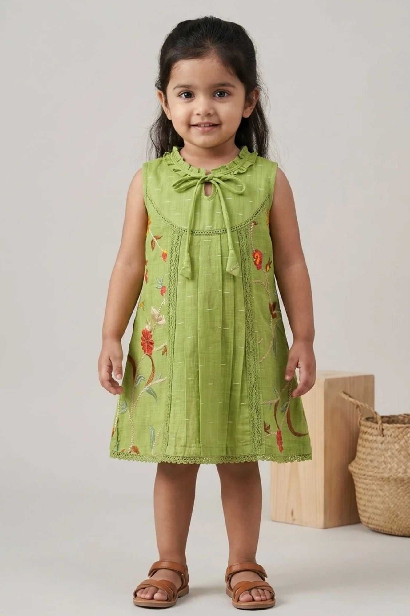 Girls Green Embroidered Dress with Tie-Up Neck