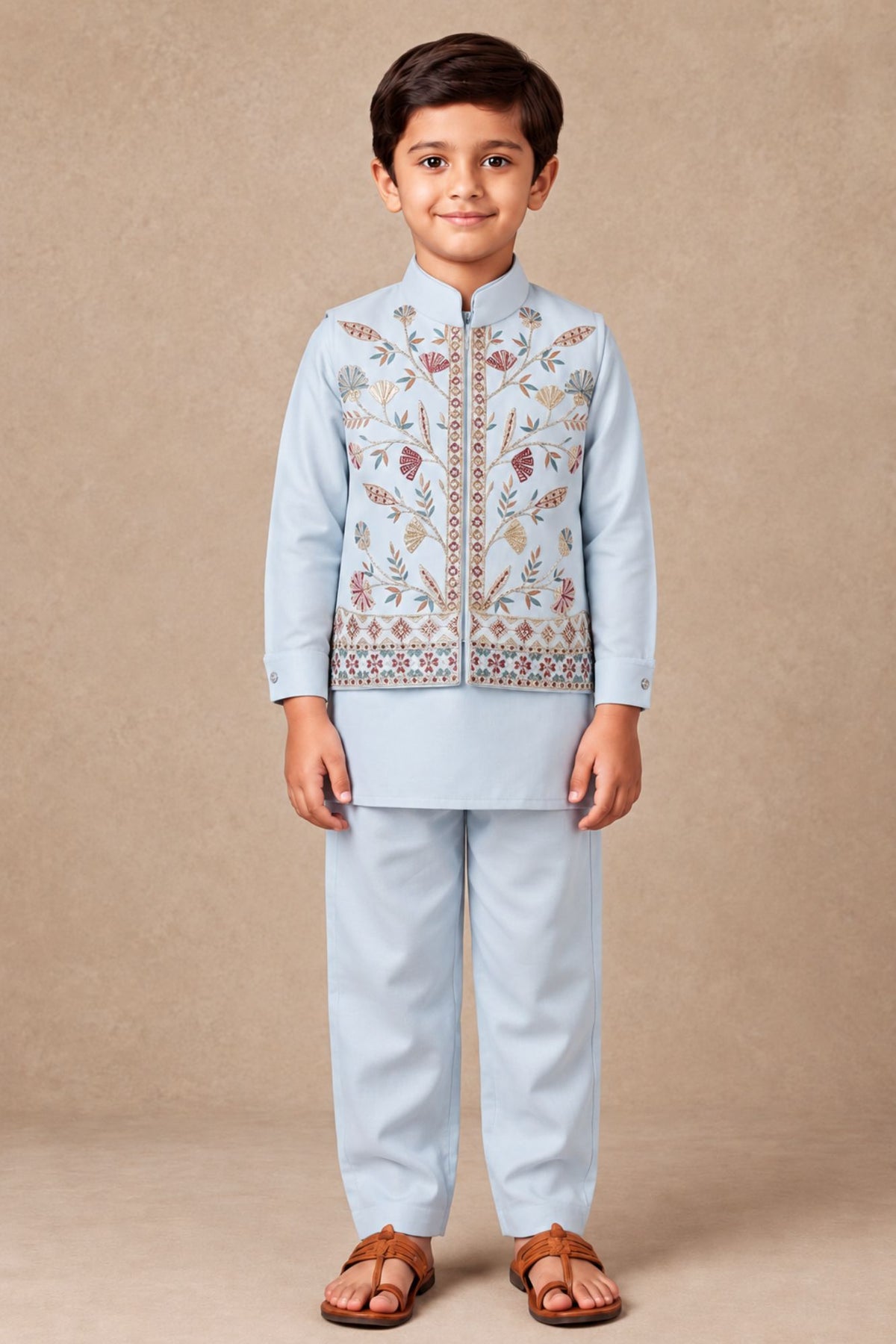 Boys Powder Blue Floral Embroidered Kurta Set With Jacket