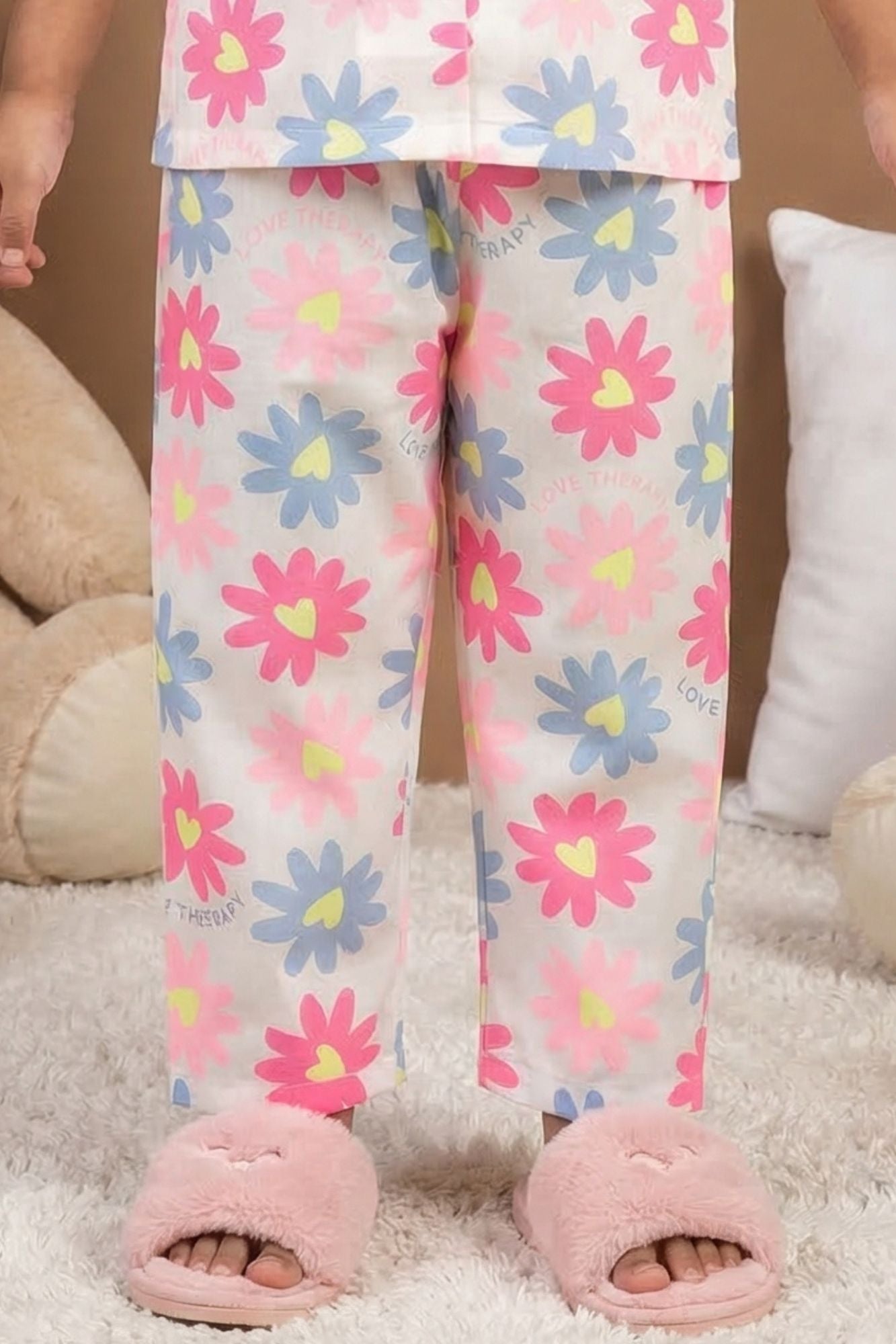 White Multicolor Daisy Floral Print Night Suit Set For Girls