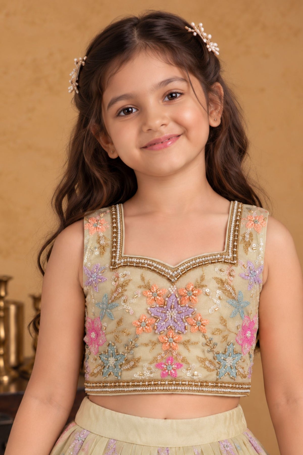 Girls Cream With Multicolor Floral Sequin Embellished Lehenga Choli Set