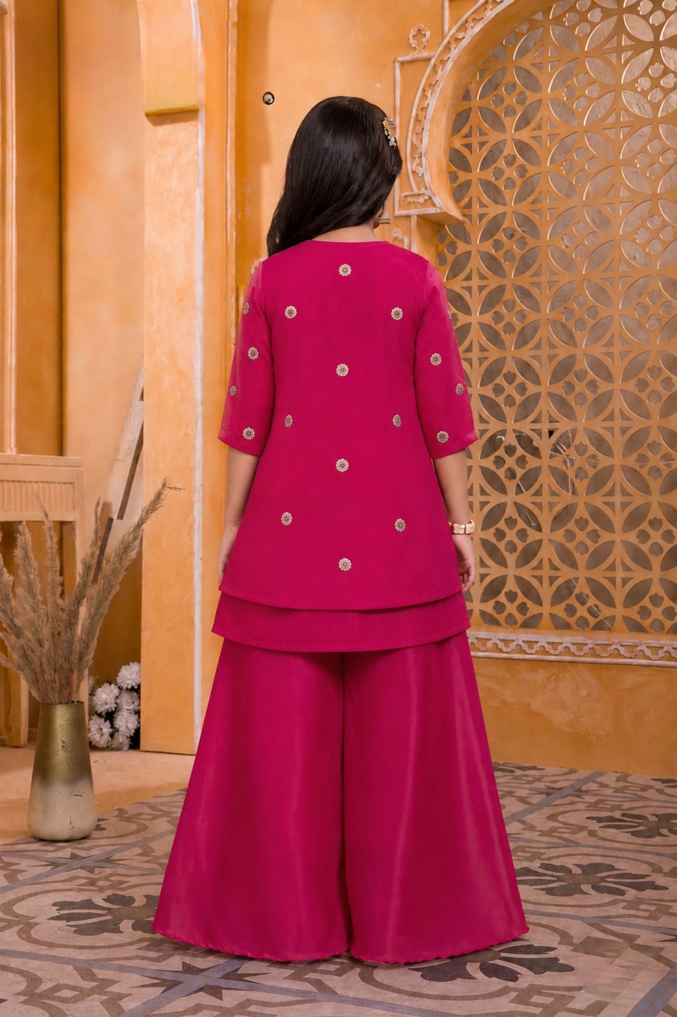 Rani Pink Jacket Style Floral Embroidered Palazzo Set with Dupatta
