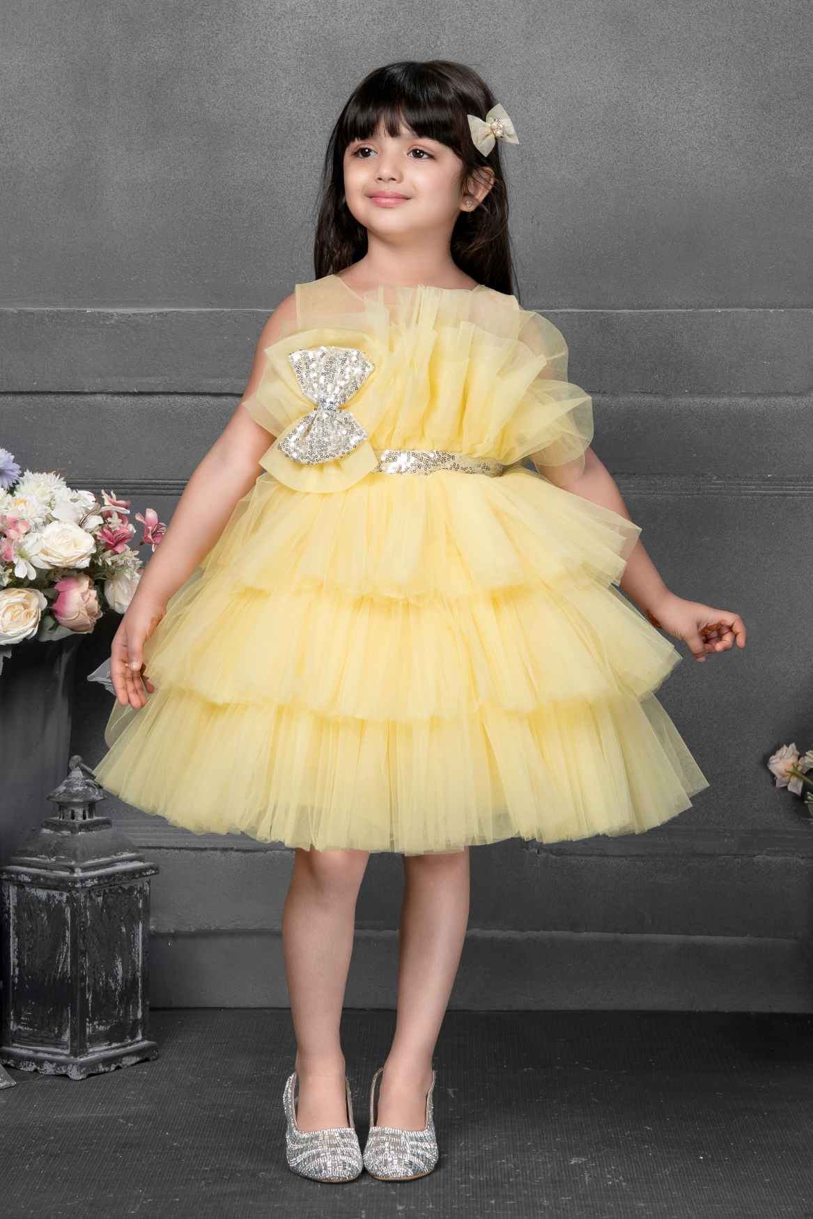 Yellow Multilayered Frock With Sequined Work For Girls