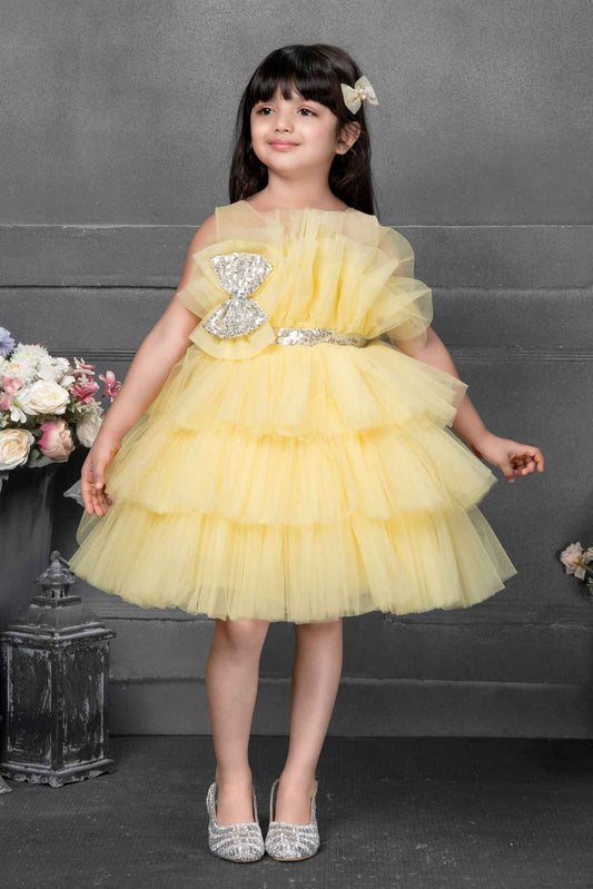 Yellow Multilayered Frock With Sequined Work For Girls