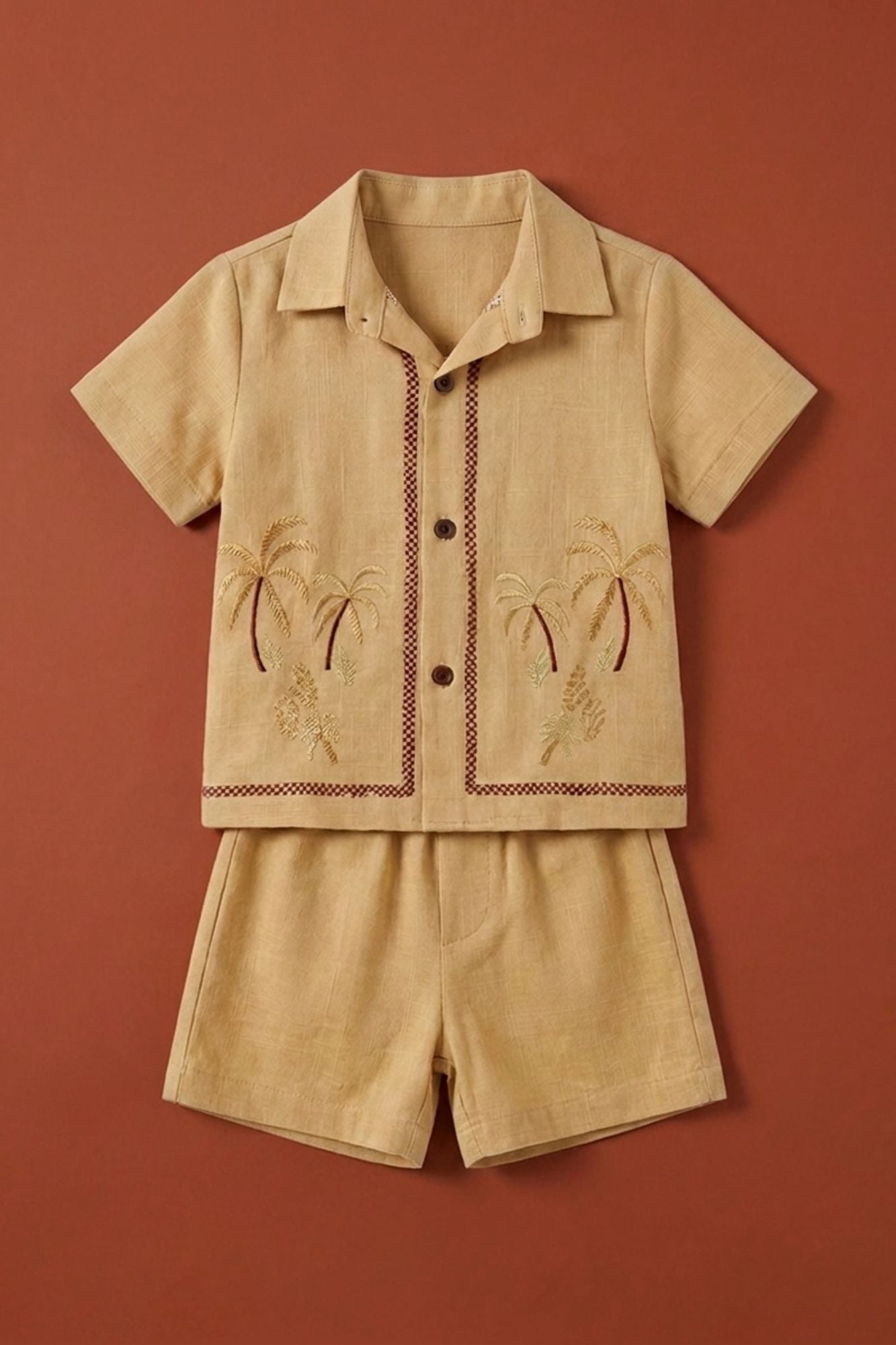 Boys Mustard Yellow Tropical Embroidered Shorts Set with Collared Shirt
