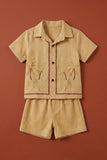 Boys Mustard Yellow Tropical Embroidered Shorts Set with Collared Shirt
