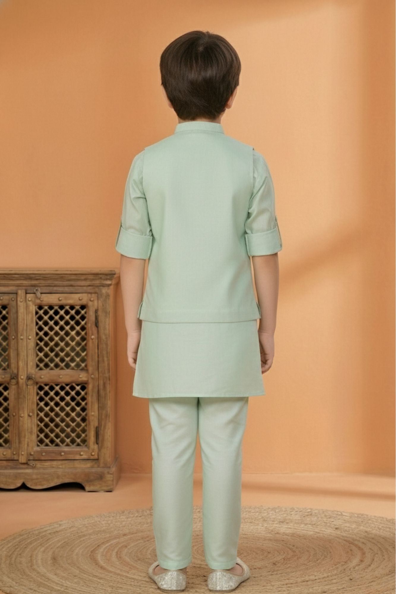 Pista Embroidered Kurta Set with Nehru Jacket For Boys