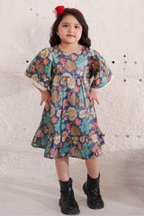 Blue Floral Printed Casual Frock With Bell Sleeves For Girls