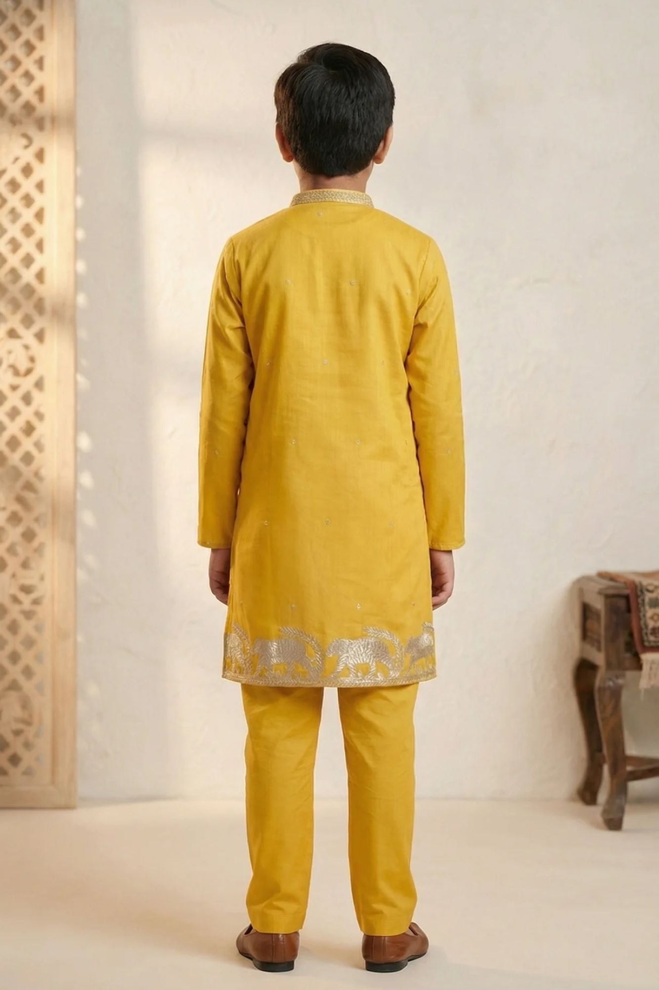 Boys Yellow Kurta Pajama Set With Golden Zari Embroidery And Shawl