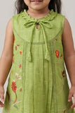 Girls Green Embroidered Dress with Tie-Up Neck