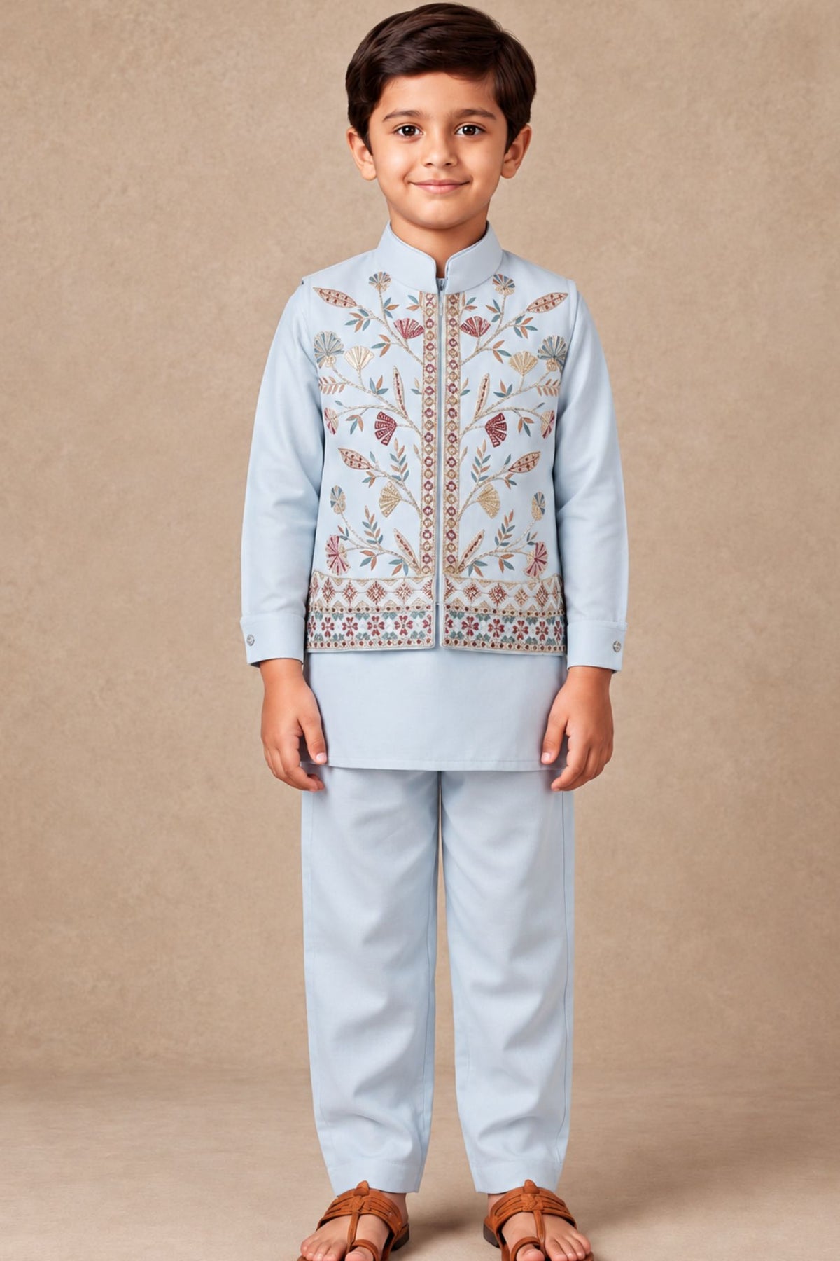 Boys Powder Blue Floral Embroidered Kurta Set With Jacket