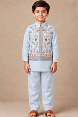 Boys Powder Blue Floral Embroidered Kurta Set With Jacket