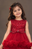 Maroon Sequin Work And Bow Embellished Party Frock For Girls