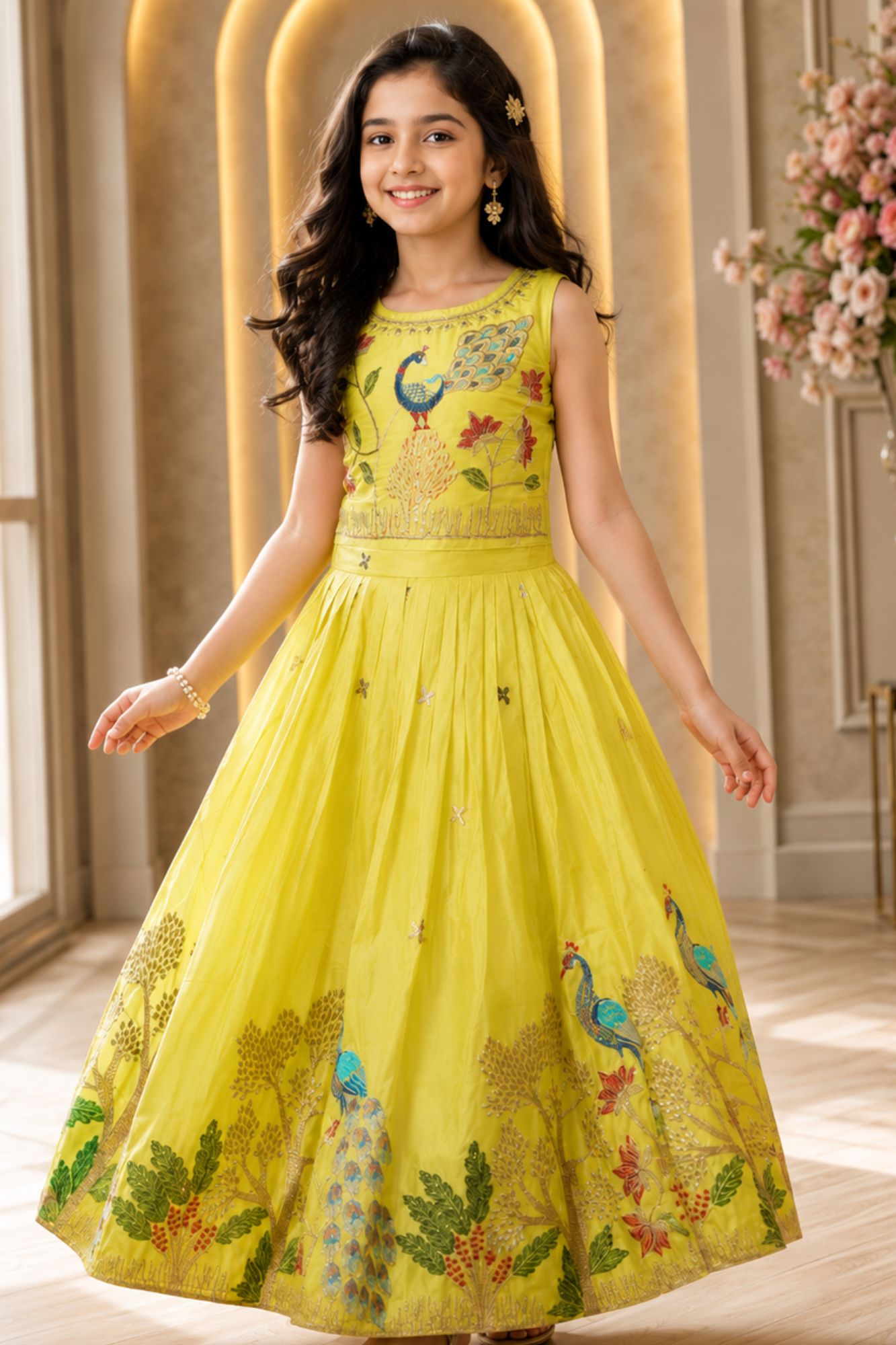 Yellow Sleeveless Choli And Lehenga Set With Peacock  Motifs Zari Embroidery For Girls