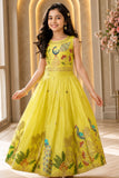 Yellow Sleeveless Choli And Lehenga Set With Peacock  Motifs Zari Embroidery For Girls