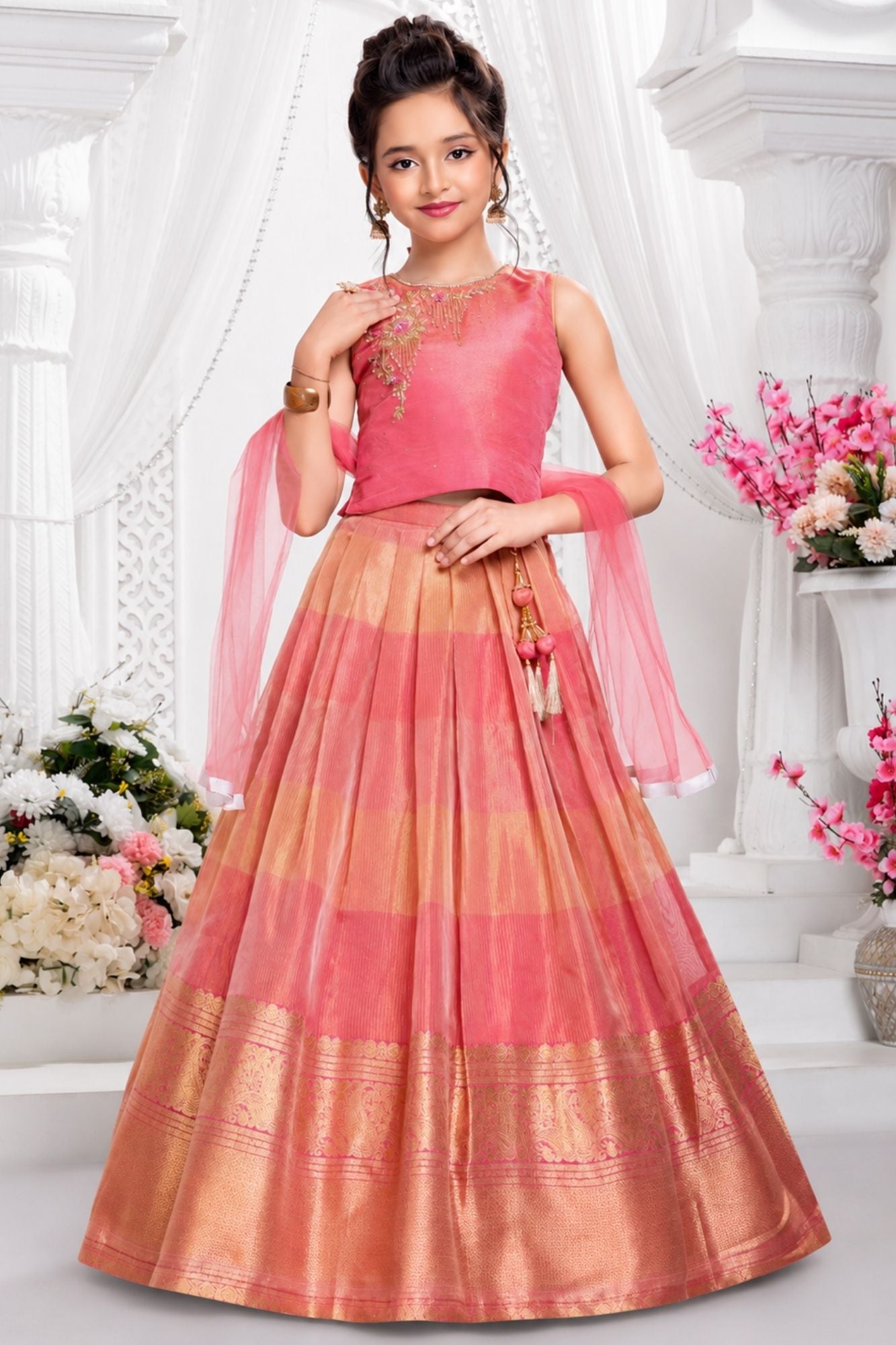 Coral Pink Floral Zari Embroidered Lehenga Choli Set