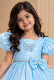 Sky Blue Puff-Sleeve Party Frock With Butterfly Embellishment For Girls