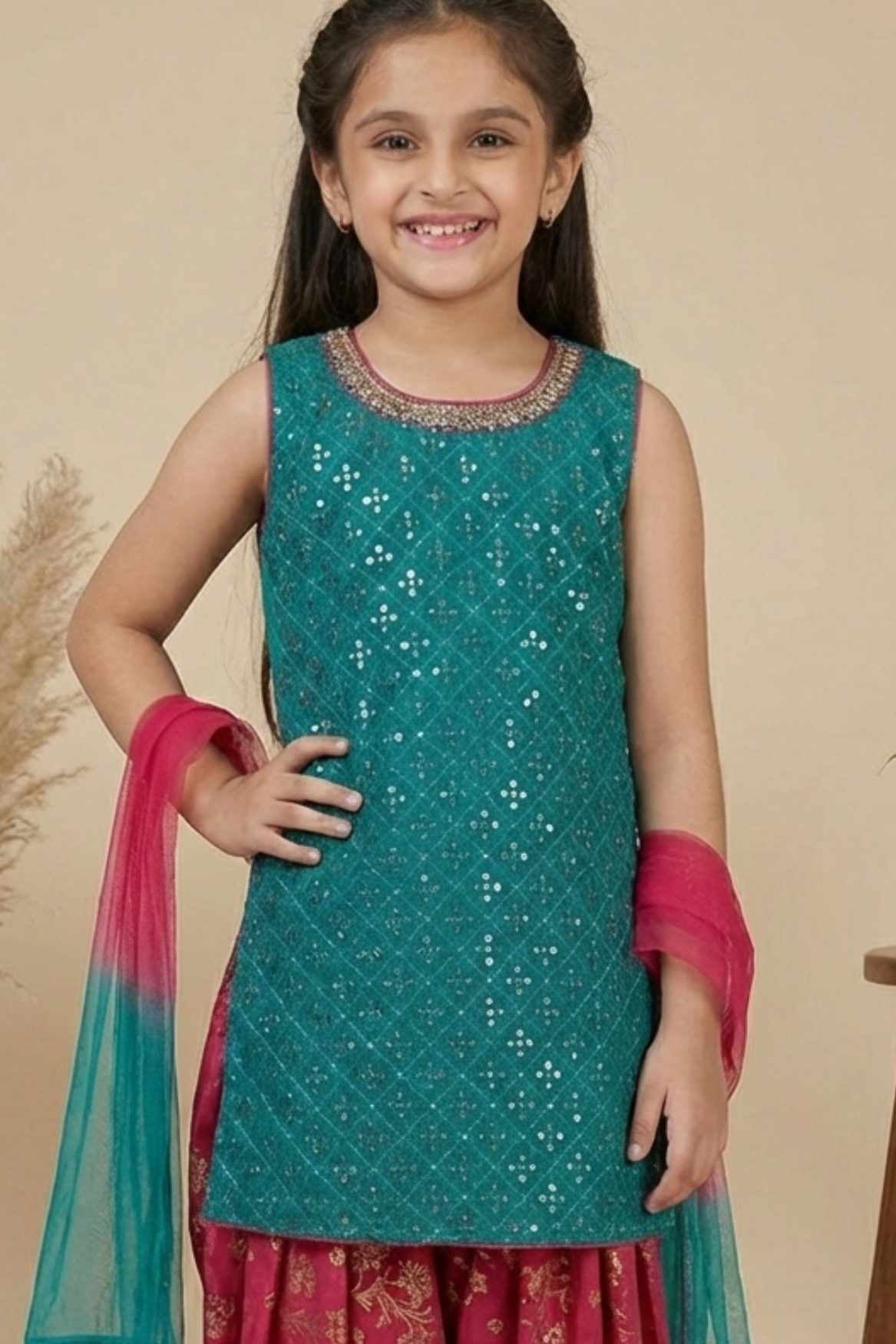 Green & Red Sequins Embroidered Patiala Set with Dupatta For Girls
