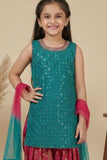 Green & Red Sequins Embroidered Patiala Set with Dupatta For Girls