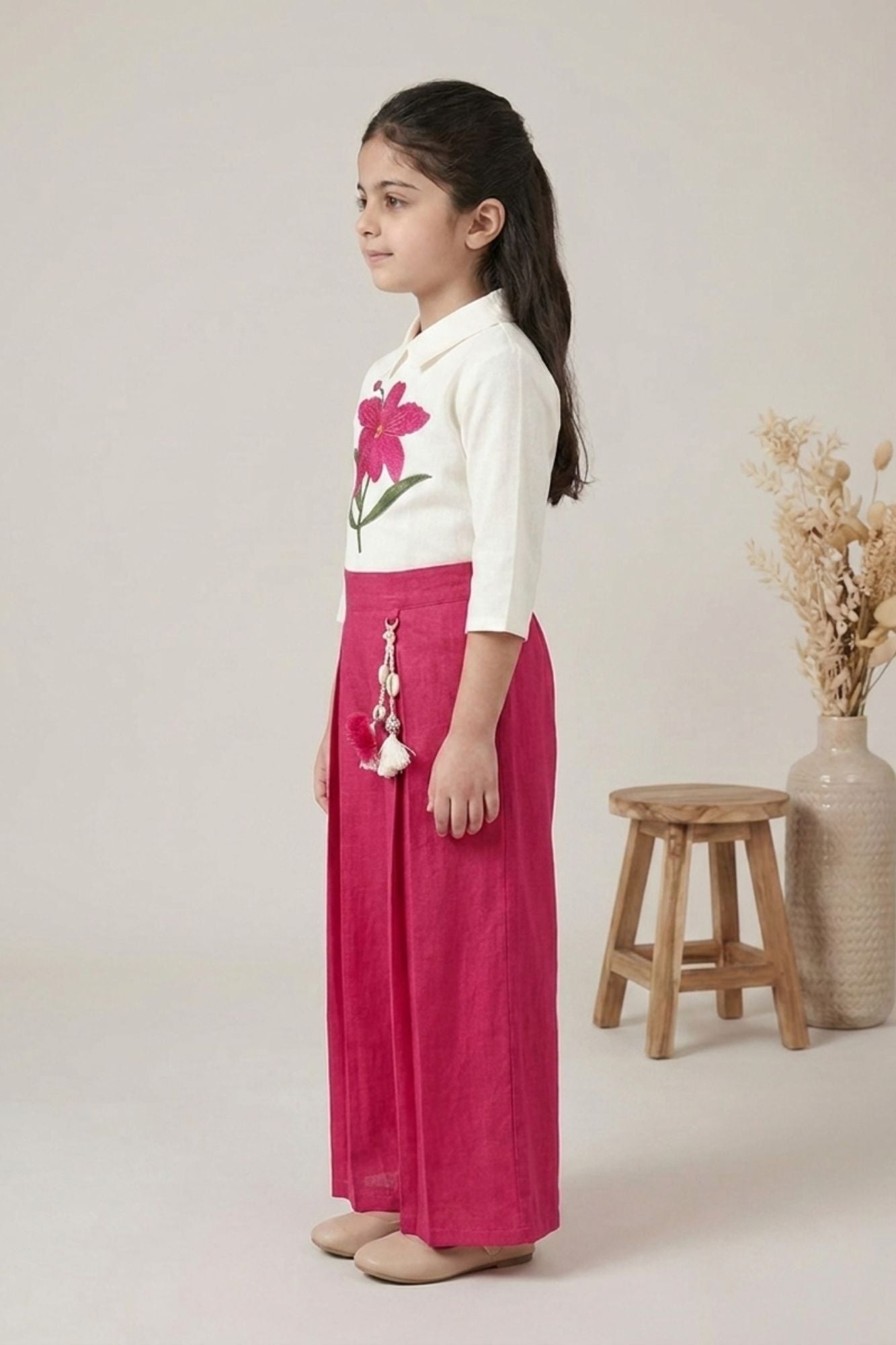 Girls White Floral Embroidered Top with Pink Pleated Palazzo Pants Set