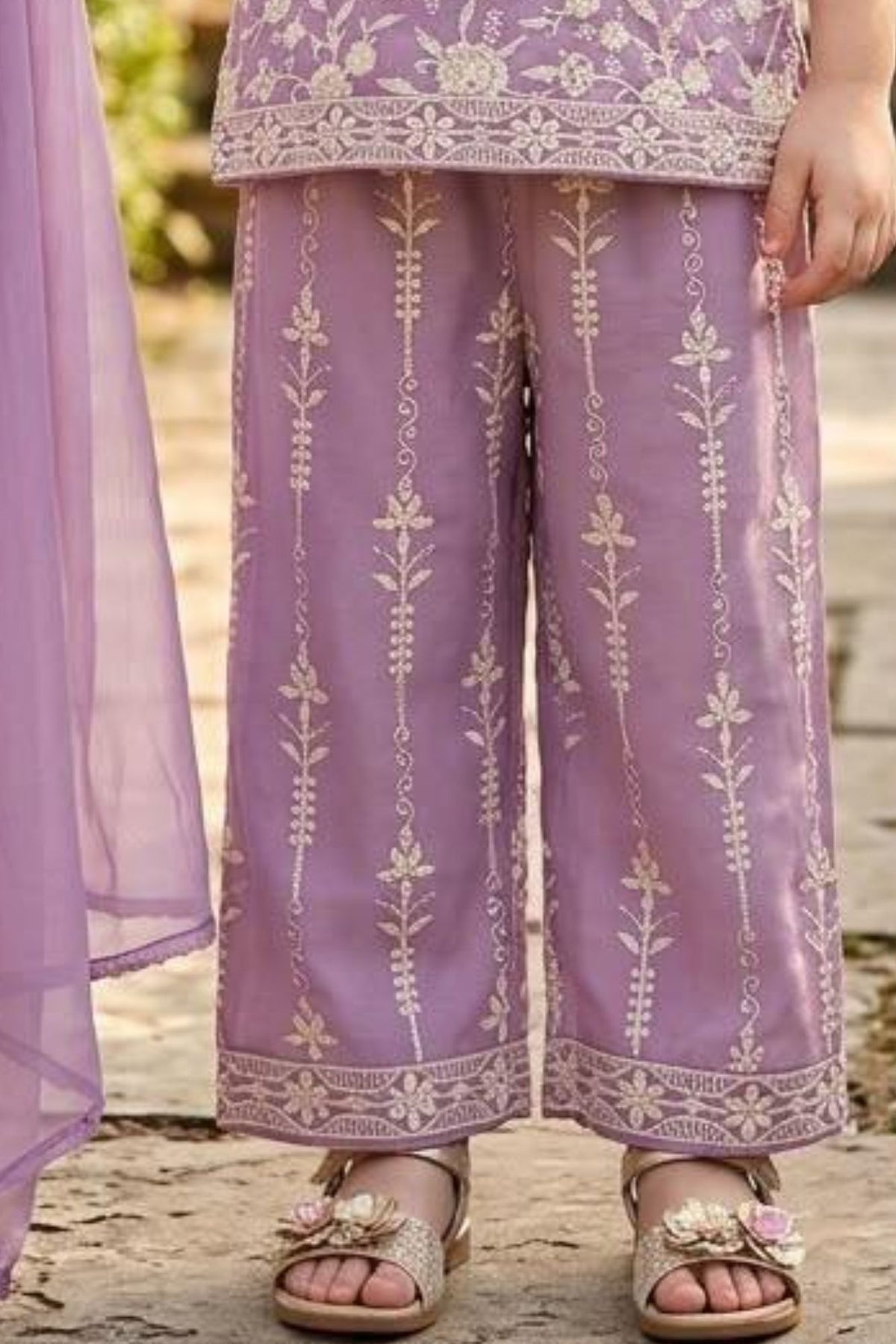 Girls Lavender Floral Embroidered Palazzo Set With Dupatta