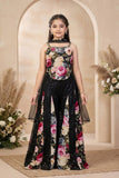 Black Floral Printed Palazzo Set With Sequin Overlay And Dupatta For Girls