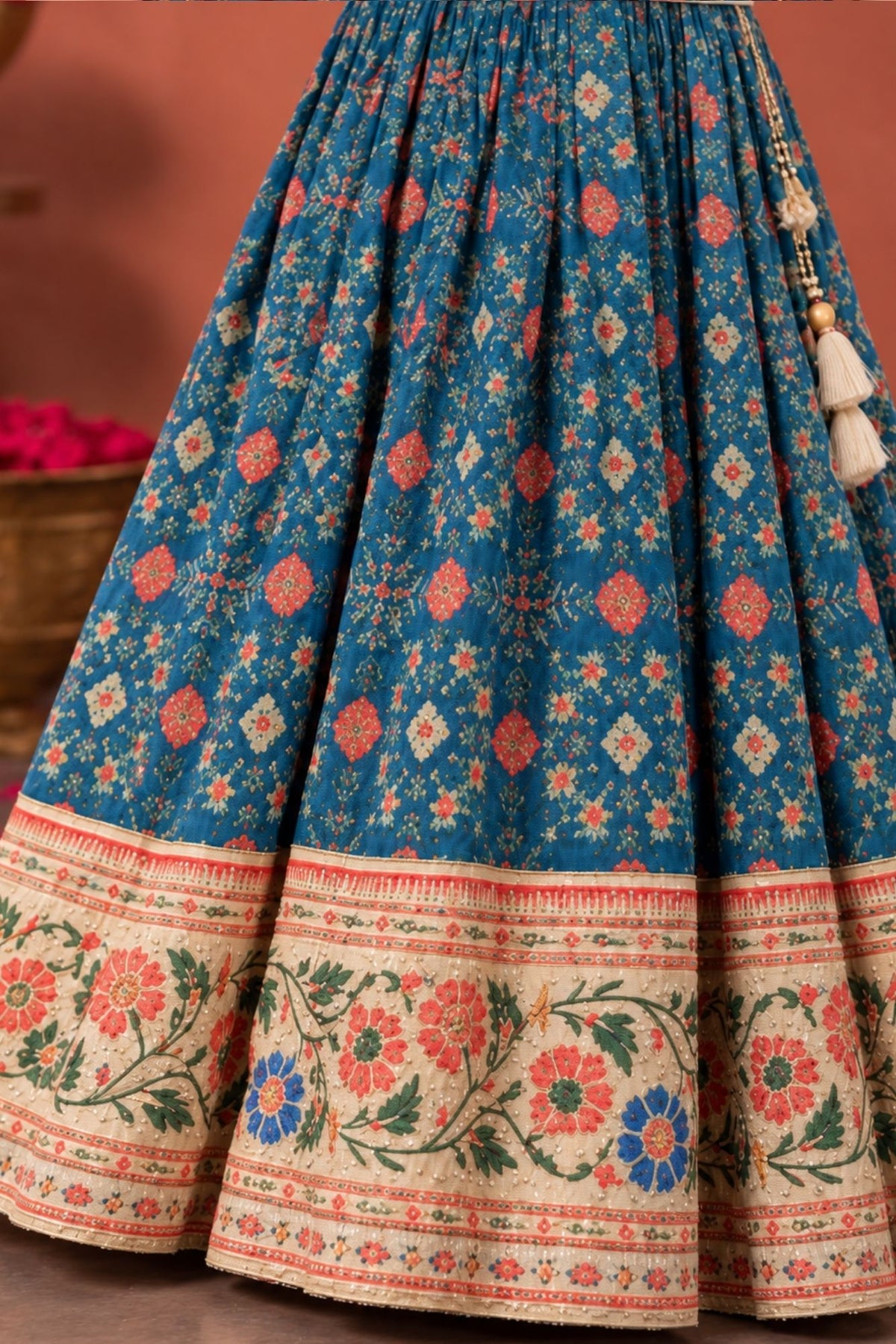 Ivory And Teal Blue Silk  Pattu Pavadai For Girls