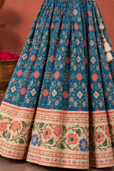 Ivory And Teal Blue Silk  Pattu Pavadai For Girls