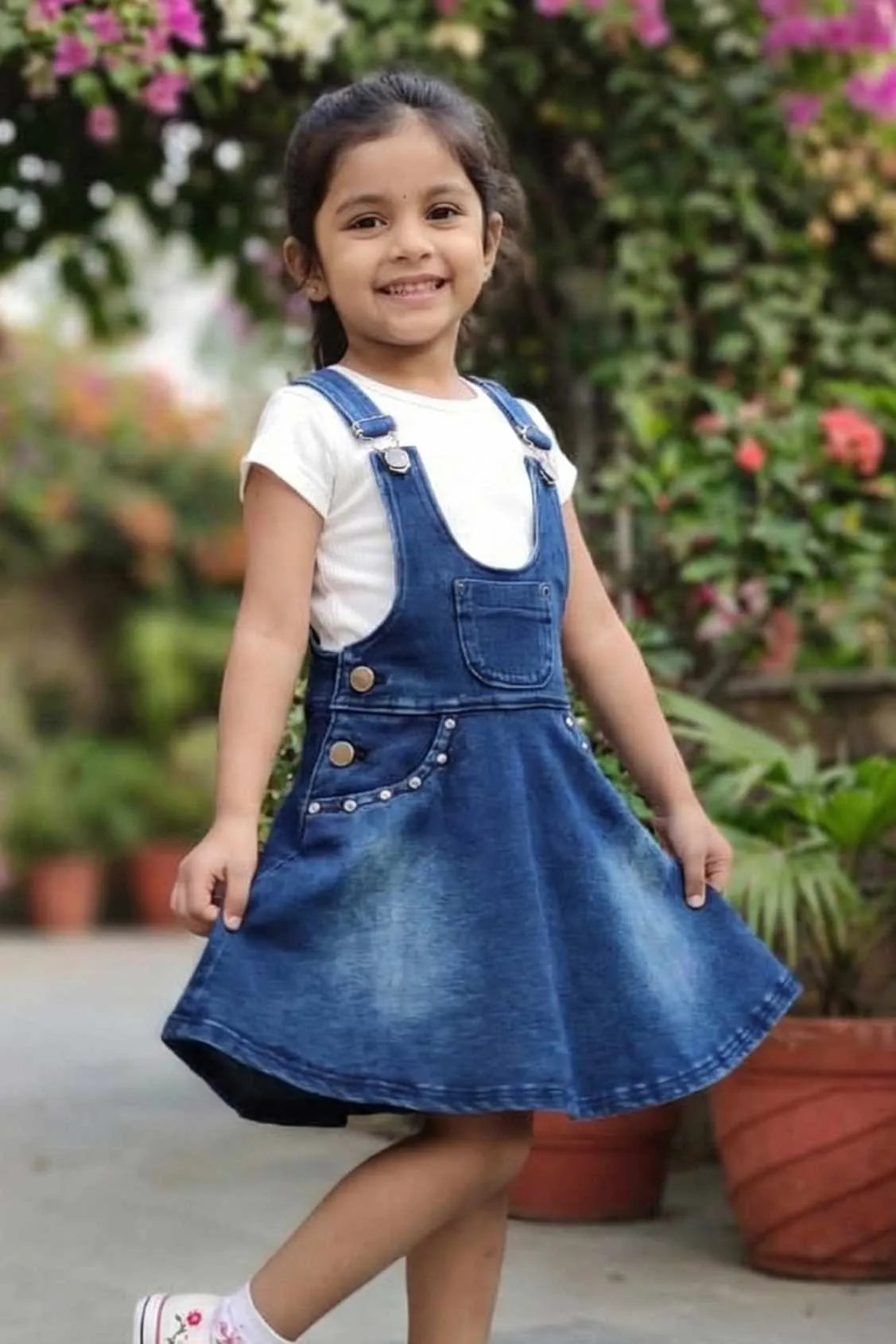 Denim Dungaree With White T-Shirt Set For Girls