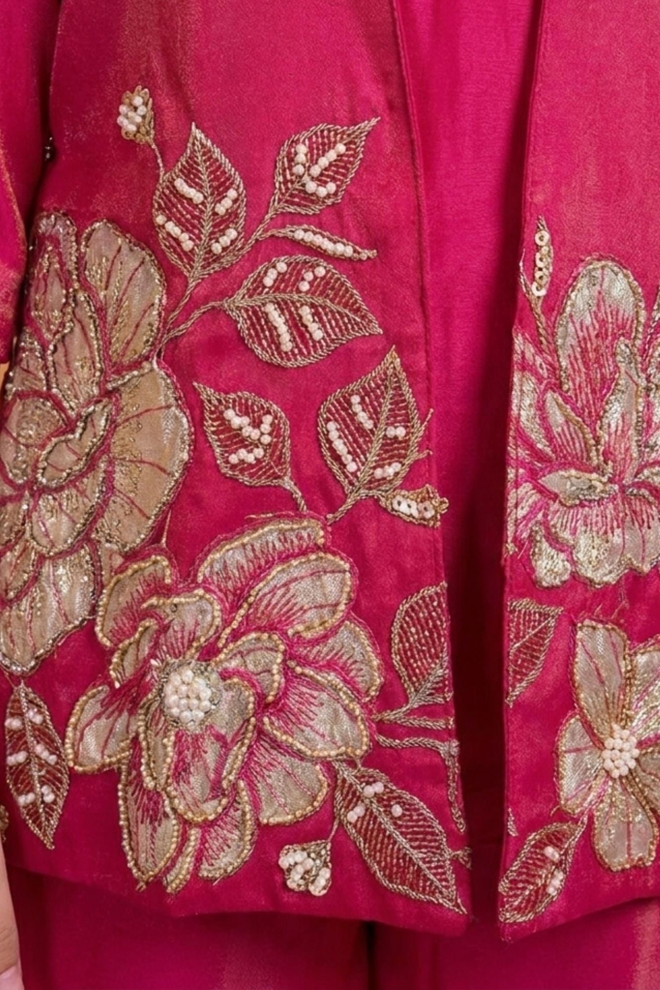 Rani Pink Jacket Style Floral Embroidered Palazzo Set with Dupatta