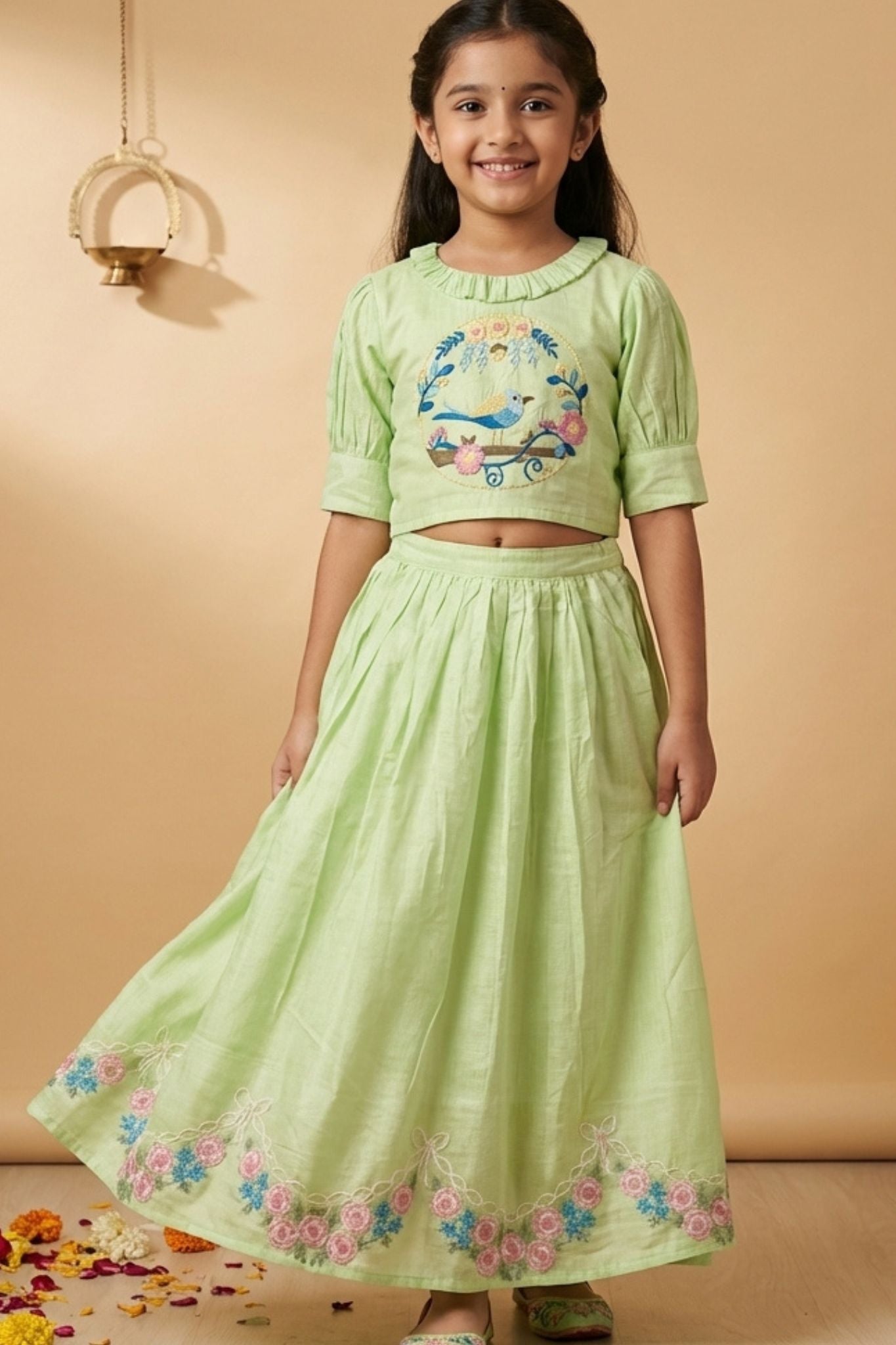 Pastel Green Bird Embroidered Lehenga Choli Set For Girls