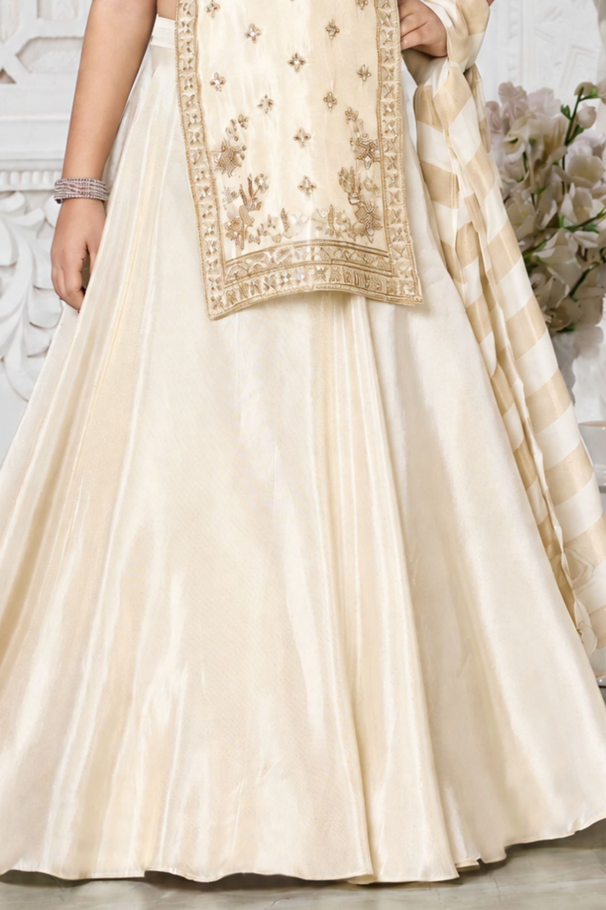 Girls Elegant Cream & Gold Embroidered Lehenga Choli Set