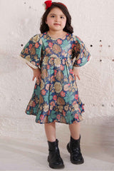 Blue Floral Printed Casual Frock With Bell Sleeves For Girls