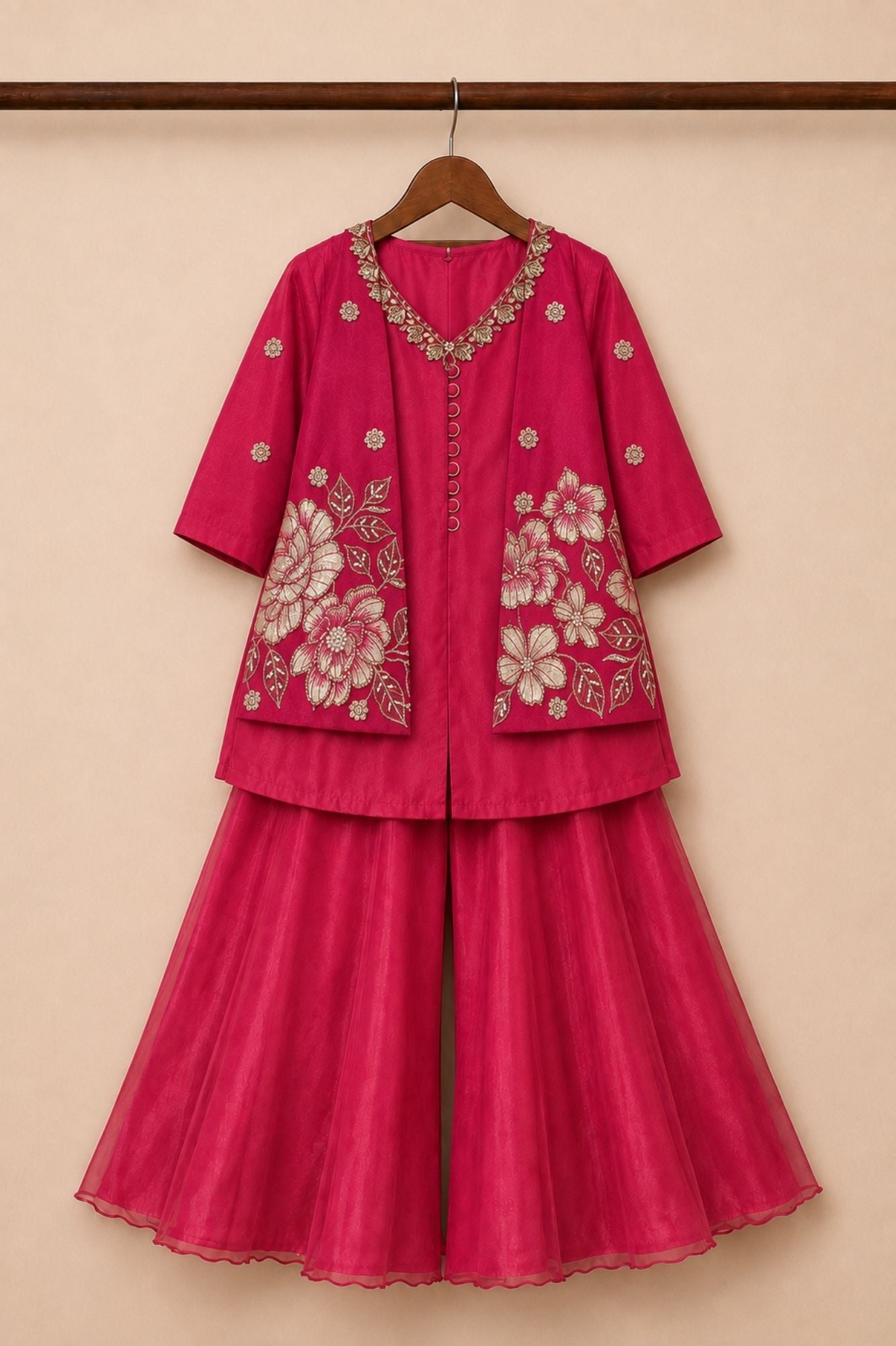 Rani Pink Jacket Style Floral Embroidered Palazzo Set with Dupatta