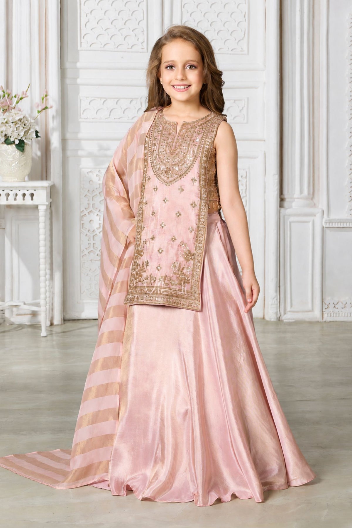 Girls Elegant Pink & Gold Embroidered Lehenga Choli Set